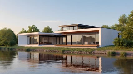 Obraz premium A striking modern villa poised along the banks of a gently flowing river, showcasing expansive glass walls, sharp architectural lines, and open terraces with sweeping views of the shimmering water