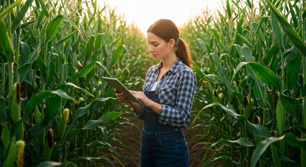 Successful young female farmer using a tablet in a cornfield