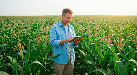 A senior farmer or agronomist uses a tablet to monitor the growth of his corn crop. Technology in agriculture, the concept of smart farming
