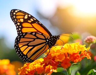 Obraz premium Monarch butterfly on vibrant orange flowers in sunlight