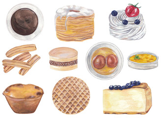 Popular desserts illustrations: churros, pavlova cake, waffle, cheescake, pastel de nata, cronut, creme brule, alfajor. Hand-painted food clipart isolated on white background 