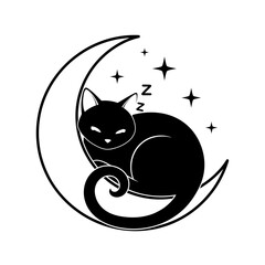 Vector art of a black cat sleeps on a crescent moon with stars concept art