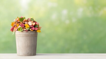 Vibrant bouquet of flowers in a rustic pot on a blurred green background