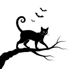 Vector art of black cat walking on a tree branch with bats flying above