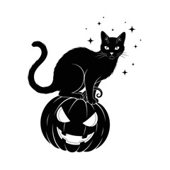 Vector art of black cat sitting on a pumpkin for halloween designs and decorations