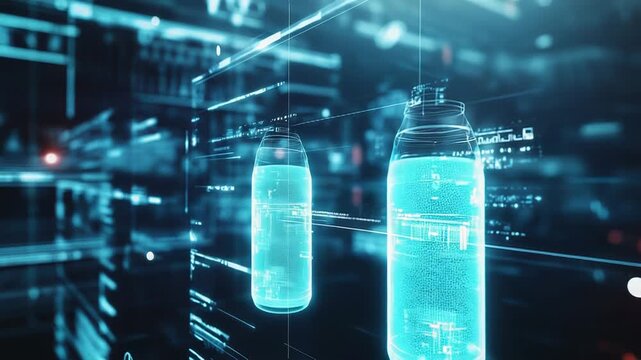 Futuristic hologram of beverage packaging displaying on virtual screen