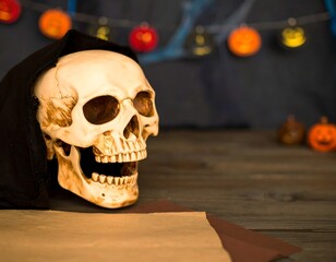 Halloween skull on wooden surface