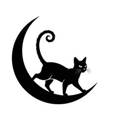 Vector art of graceful black cat walking on a crescent moon halloween concept