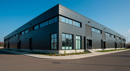 Obraz premium Modern dark colored factory warehouse, angular facade with windows reflecting blue sky on a sunny day