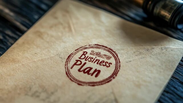 Close-up of stamped business plan on aged paper