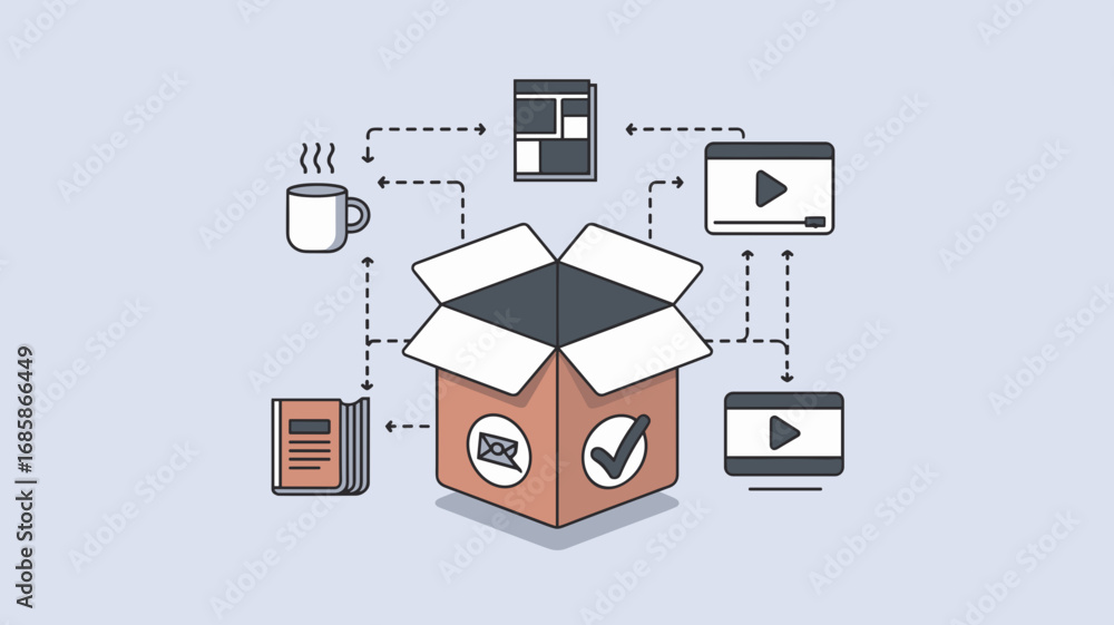 Poster flat vector illustration of subscription based business model with box and icons