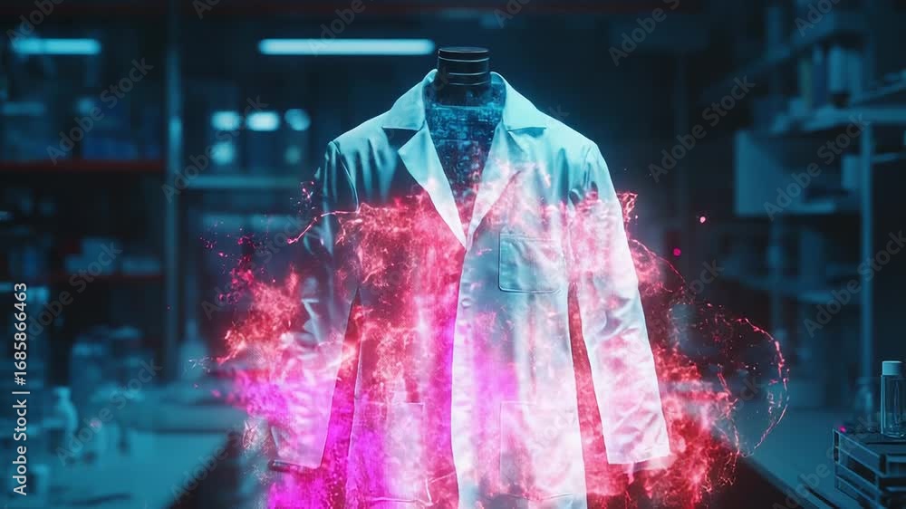 Poster white lab coat displaying glowing world map in futuristic laboratory setting