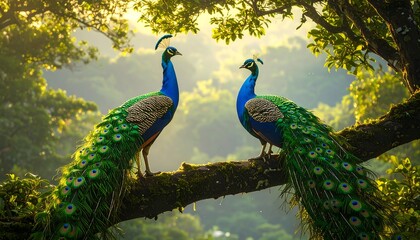 Two peacocks on a branch in a lush forest