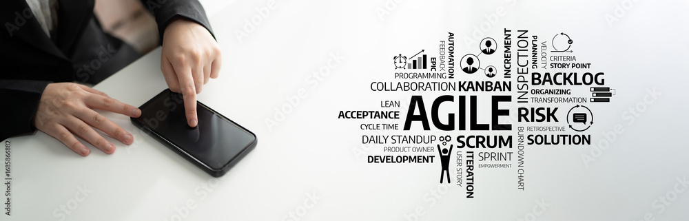 Poster a business professional engages with a smartphone, surrounded by a visual representation of agile pr