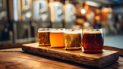 Craft beer tasting session features four distinct varieties on wooden flight at brewery