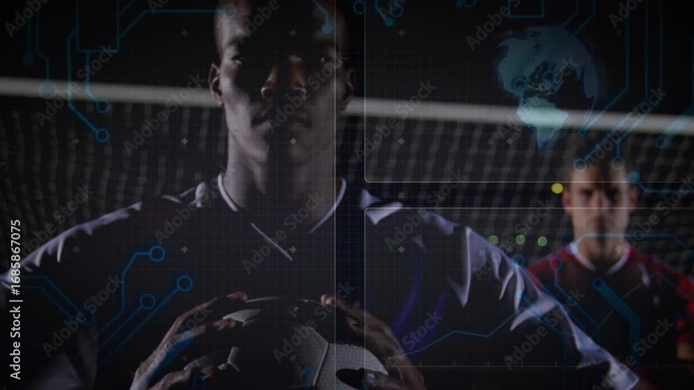 Poster player gripping ball at goal, code overlay expanding circuit lines and globe mapping for technology