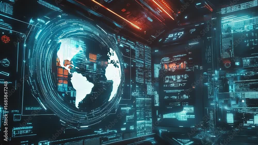 Poster futuristic global monitoring center showing rotating earth and data analysis screens