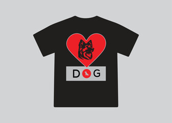 Black T-Shirt with a Red Heart Design Featuring a Dog Silhouette and "DOG" Text