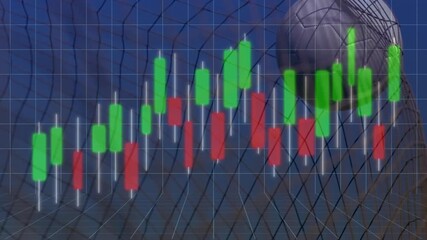 Third-second wireframe soccer ball entering grid, bulging net over bar chart showing data impact - Powered by Adobe