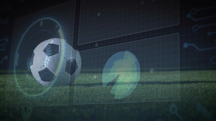 UI gauge and pie chart animating around soccer ball before red cleat advancing for kick - Powered by Adobe