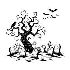 Vector art of spooky graveyard scene with a gnarled tree, tombstones, a crow, and bats