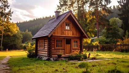 A cozy wooden cabin nestles amongst trees, bathed in golden sunlight, with a path leading up to it