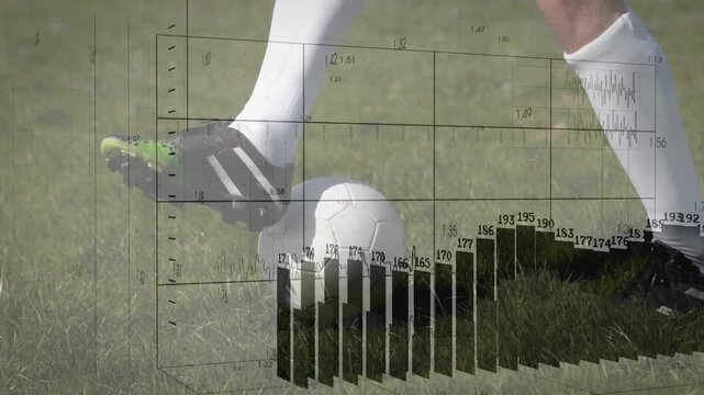Right foot tapping soccer ball on grass and starting translucent grid overlay showing metric charts