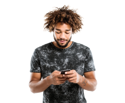 Smiling black man looking at his phone, engaged with the screen while checking messages.