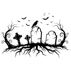 Vector art of scary halloween graveyard scene with tombstones, bare tree and flying bats