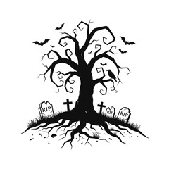 Vector art of eerie halloween graveyard scene with dead tree, tombstones, bats, and crow