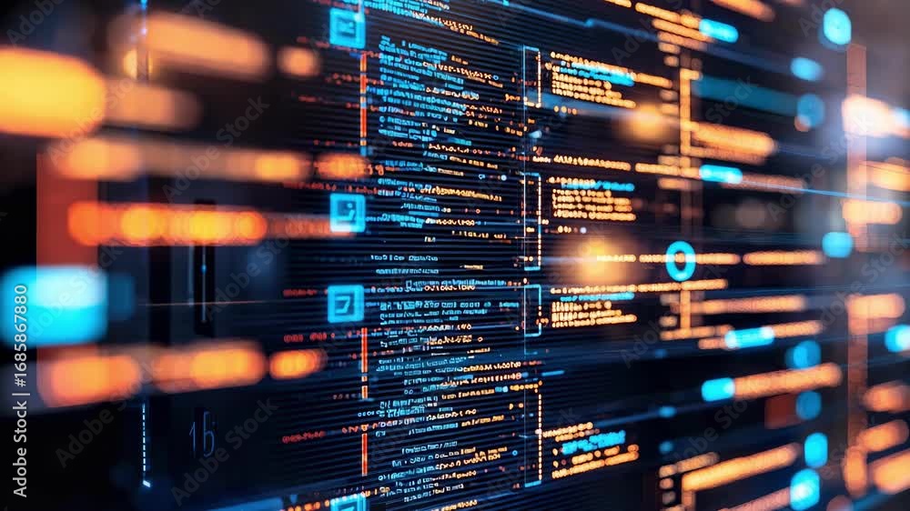 Poster a futuristic digital display showcasing vibrant data streams and coding interfaces from a sophistica