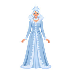 Fototapeta premium Elegant woman in icy crown wearing long flowing frosty gown in flat fantasy style, white background, isolated 