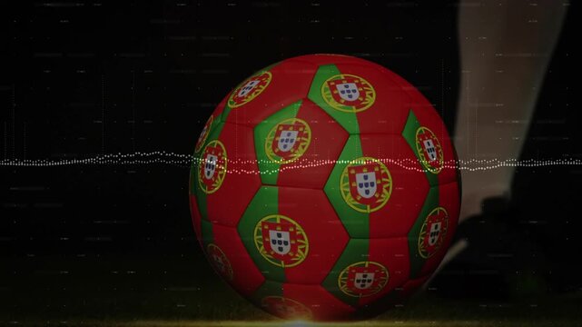 Audio waveform appearing as player's leg shifting and tapping Portugal crest ball rolling out