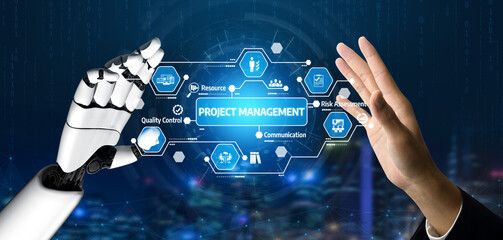 A robotic hand interacts with a human hand, illustrating collaboration in project management through digital icons and futuristic graphics, symbolizing innovation and teamwork. Tessel