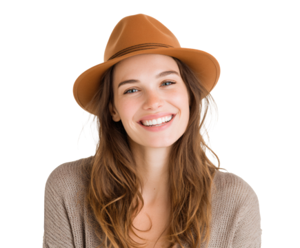 Smiling woman wearing a brown hat and sweater