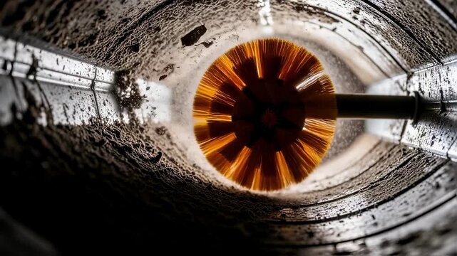 Side angle capturing debris and dust particles scattering from dryer vent walls as the rotary brush rotates rapidly during cleaning.