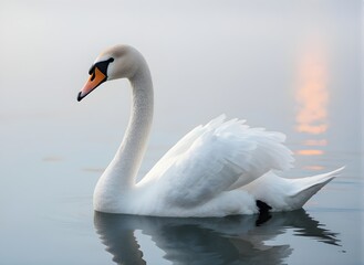 Fototapeta premium White Swan on Serene Lake at Sunrise, Peaceful Wildlife Scene in Nature