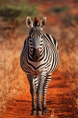 Obraz premium A zebra strides confidently down a red dirt path surrounded by dry grasses and sparse vegetation, showcasing its striking black and white stripes in the midday sun