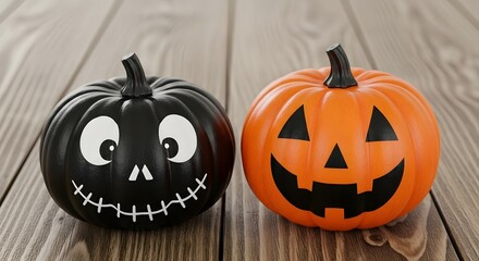 A pair of carved pumpkins, one black with wide eyes and a stitched smile, the other traditional orange with a classic jackolantern face, resting on a rustic wooden surface