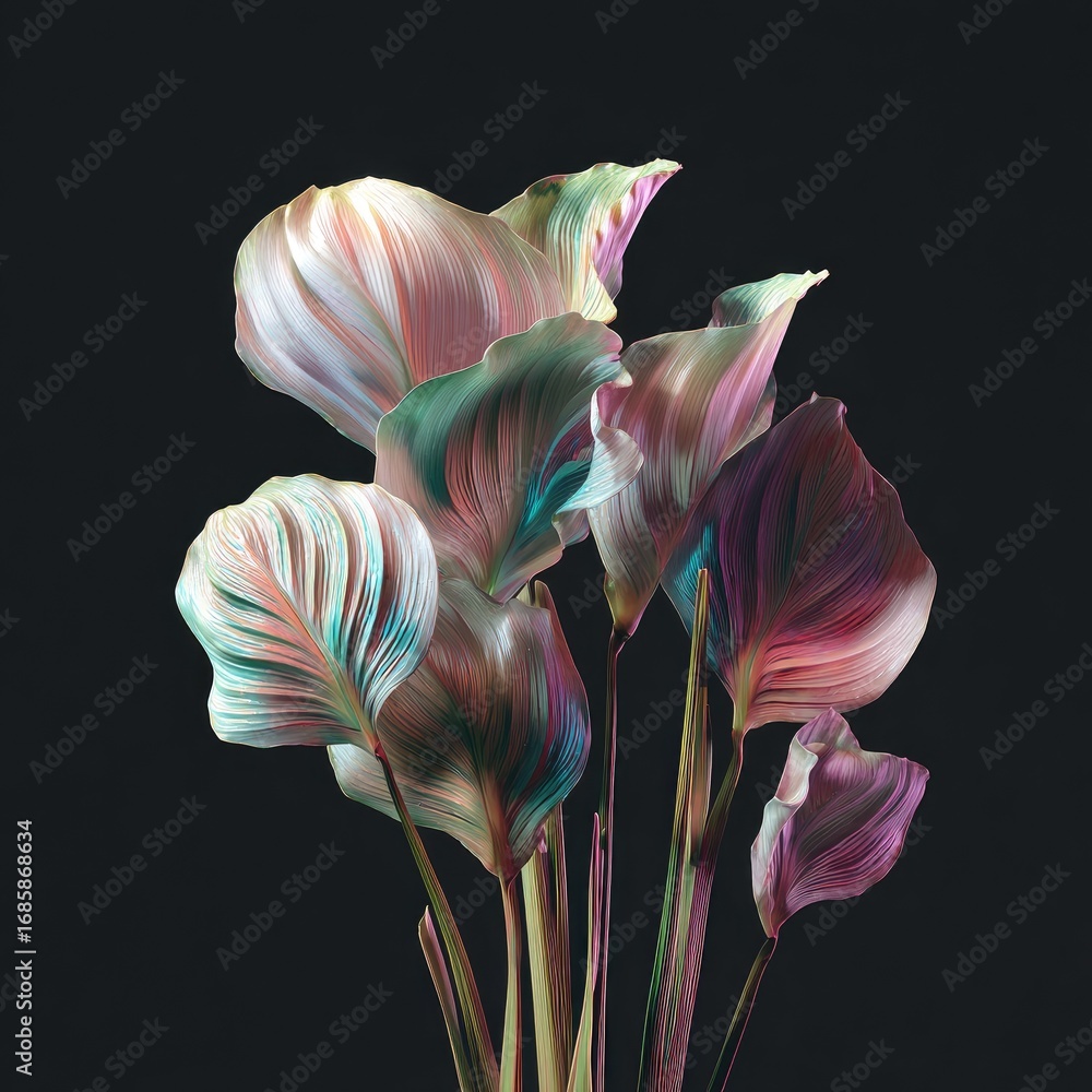 Poster vibrant, multicolored leaves, arranged in a close-up, artful display against a stark black backdrop,