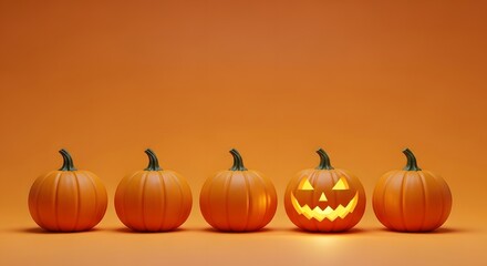 A row of five pumpkins with one carved jackolantern glowing brightly against a solid orange background, symbolizing halloween