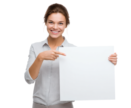 Happy businesswoman presenting a blank sign for your text or message.