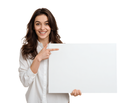 Attractive woman smiles and points to a blank white sign for your text.