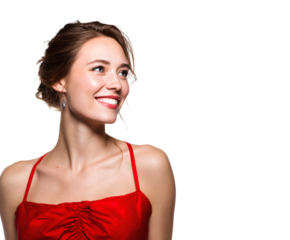 A woman smiles radiantly in a red dress, exuding joy and elegance.