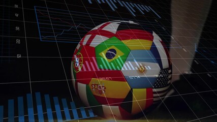 Cleated foot entering right tapping flag-covered soccer ball while charts shifting for analytics - Powered by Adobe