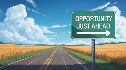 A road leading to the horizon with an opportunity sign under a blue sky with white clouds and fields