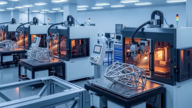 Array of highcapacity metal additive manufacturing machines producing lightweight durable aerospace frames in a climatecontrolled environment.