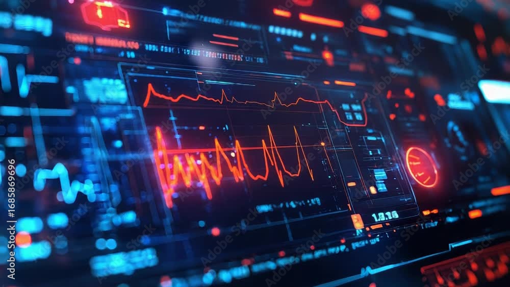 Poster futuristic interface displaying complex data analysis and vital signs in red and blue
