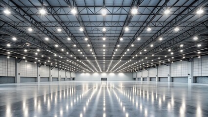 Expansive and empty modern convention center or exhibition hall with a polished concrete floor reflecting rows of bright overhead lights, creating a vast, open, and futuristic space