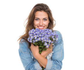 Smiling woman holding a bouquet of purple flowers